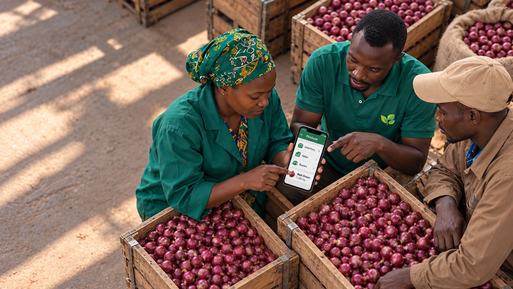Agribusiness team reviewing produce records on a phone at a market