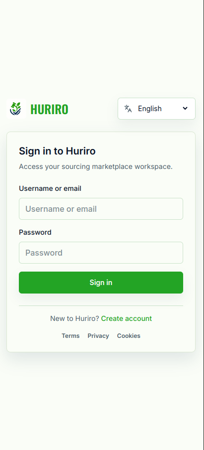 Huriro login screen