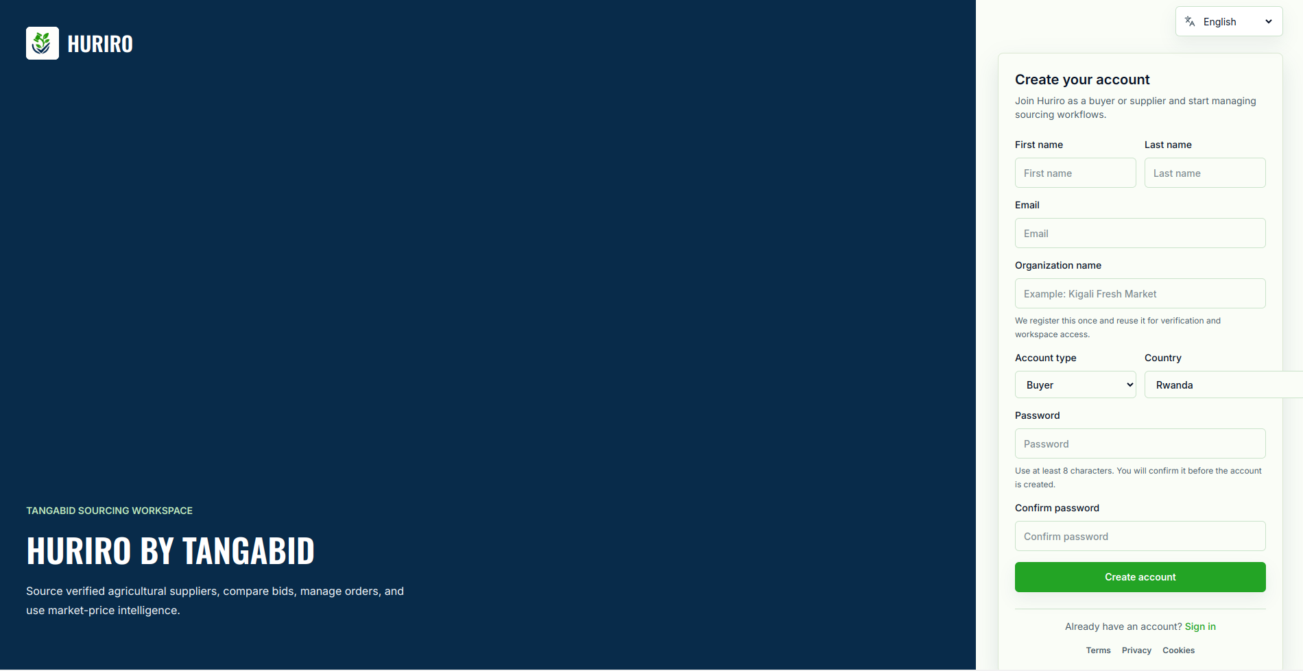 Huriro marketplace signup screen