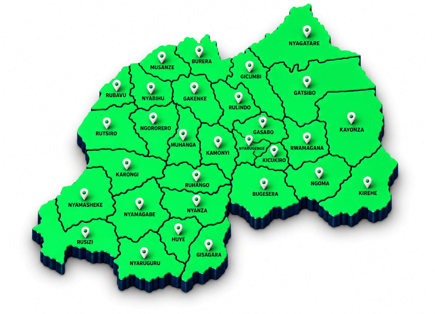Illustrated map of Rwanda showing its districts